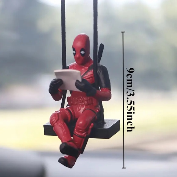 SUPER CUTE!! DEADPOOL Reading a Paper Red Black Car Visor Mirror Hanging Charm - Picture 3 of 4
